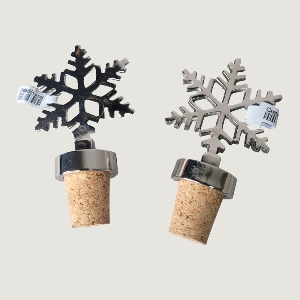 Crate & Barrel Snowflake Wine Bottle Stopper Set of 2 Silver Holiday 127-542